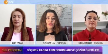 Elif Tabak ile özel program can tv’de Konukları: -Çiğdem Taş – Psikolog -Sibel Özçelik – Hukukçu ‘Göçmen kadınların sorunları ve çözüm önerileri’ ‘İran’da ve Türkiye’de kadınların hak ihlalleri ve mücadeleleri’