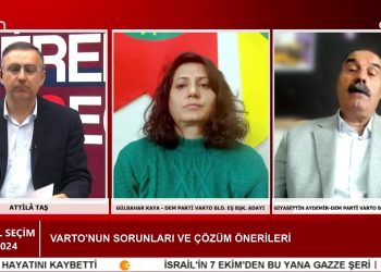 Attila Taş’ın hazırlayıp sunduğu Yerel Seçim 2024 programının konukları, Dem Parti Varto Belediye Eş Başkan Adayı Gülbahar Kaya, Dem Parti Varto Belediye Eş Başkan Adayı Gıyasettin Aydemir, Dem Parti Muş Belediye Eş Başkan Adayı Tuba Sayılgan , Dem Parti Muş Belediye Eş Başkan Adayı Sırrı Söylemez