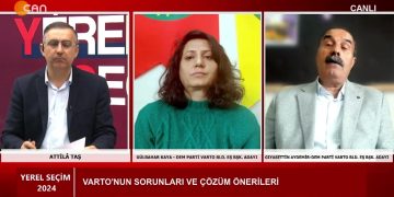 Attila Taş’ın hazırlayıp sunduğu Yerel Seçim 2024 programının konukları, Dem Parti Varto Belediye Eş Başkan Adayı Gülbahar Kaya, Dem Parti Varto Belediye Eş Başkan Adayı Gıyasettin Aydemir, Dem Parti Muş Belediye Eş Başkan Adayı Tuba Sayılgan , Dem Parti Muş Belediye Eş Başkan Adayı Sırrı Söylemez