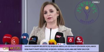 Dem Parti Van Büyükşehir Belediyesi Eş Başkanı Abdullah Zeydan’la ilgili basın açıklaması yapıyor, 
Dem Parti sözcüsü Ayşegül Doğan Açıklama Yapıyor.
