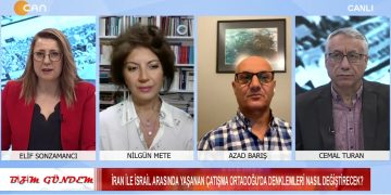İran İle İsrail Arasında Yaşanan Çatışma Ortadoğu’da Denklemleri Nasıl Değiştirdi- Êzidîlerin Çarşema Sor Bayramı – Elif Sonzamancı’nın Hazırlayıp Sunduğu Bizim Gündem Programının Konukları Gazeteci Cemal Turan, Gazeteci Nilgün Mete, Sosyolog Azad Barış.